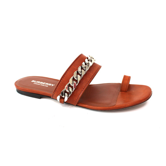 Burberry Heidi Amber Brown Leather Toe Ring Sandals 36 Silver Chain Slide - Picture 1 of 8
